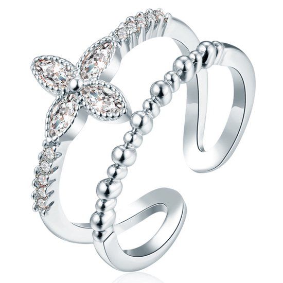 LGT JWLS Lookinggoodtoday Gedraaide Zilverkleurige Dames Ring met Bloem Zirkonia