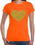 Bellatio Decorations Verkleed T-shirt voor dames - oranje - hartje - glitter goud - themafeest / Koningsdag S
