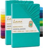 Lavea® Set van 2 Hoeslakens 140x200 cm – 100% Zacht en Ademend Katoen – voor Dikke Matrassen tot 20 cm – Jersey met Elastiek rondom – Turquoise