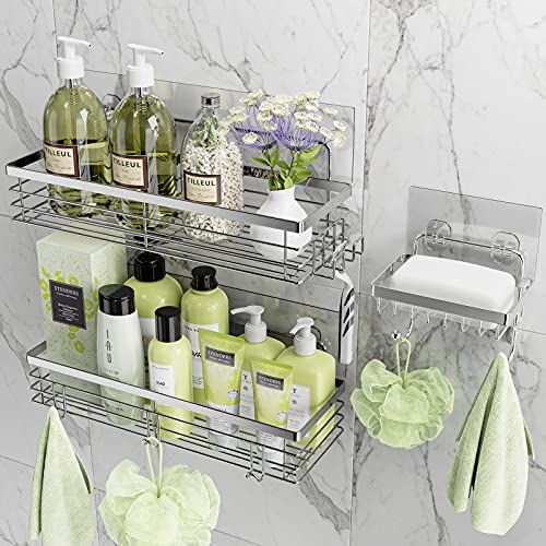 Orimade Zelfklevende Douche Caddy Zeepschaal Houder Plank met 5 Haken Badkamer Organizer Mand Keuken Opbergrek Wandmontage Geen Boren Roestvrij Staal - 3 Pack, Zwart