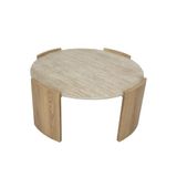 CALICOSY - Ronde salontafel met blad in travertinlook en poten in houtlook Ø80 cm - IZIA
