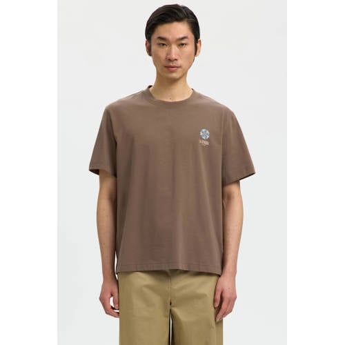 Selected Selected regular T-shirt met backprint bruin