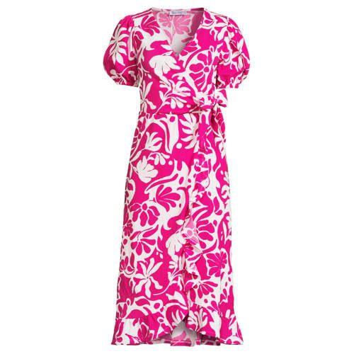 Anytime Fuchsia Floral Print Crinkle Midi Wrap Dress