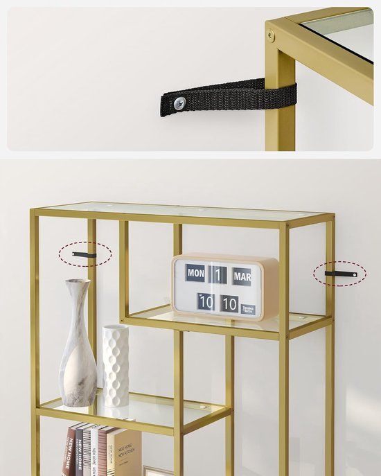VASAGLE - Boekenkast - 6-laags hoge boekenkast - hoogte 180 cm - gehard glas - metallic goud