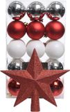 Bellatio Decorations Kaemingk B.V. Kerstballen 30x - 6cm - Parelmoer Wit/Rood/Zilver - Kunststof - Met Ster Piek