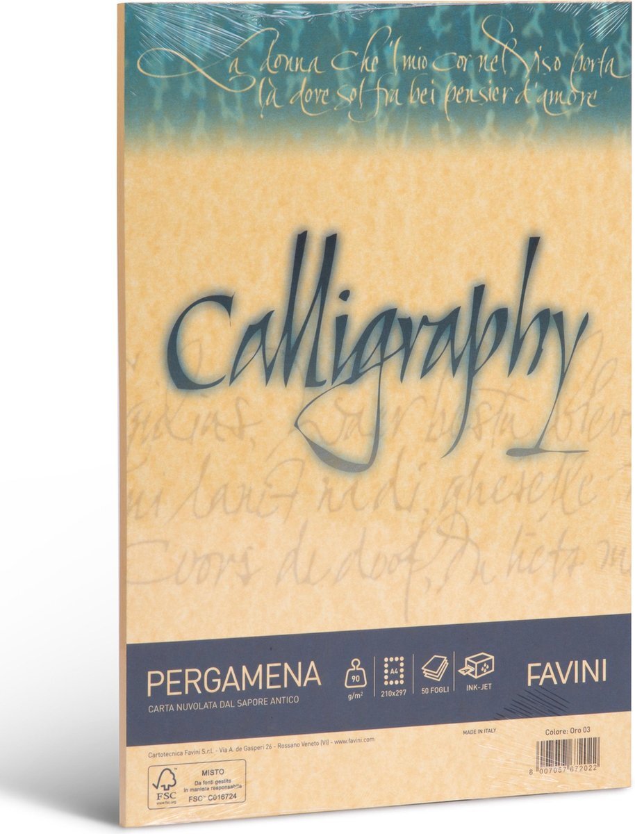 Favini Perkament 50 vel A4 90 g/m2 inkjet kleur Goud geel PERGAMENA Calligraphy Oro 03