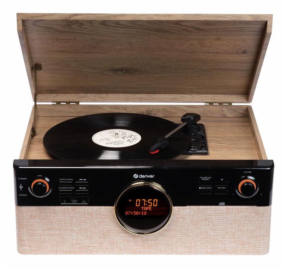 Denver MRD-180 Retro Platenspeler - Zwart, Hout - Automatisch - DAB+, FM Radio - CD - Cassette - Bluetooth - USB - 18W - Afstandsbediening