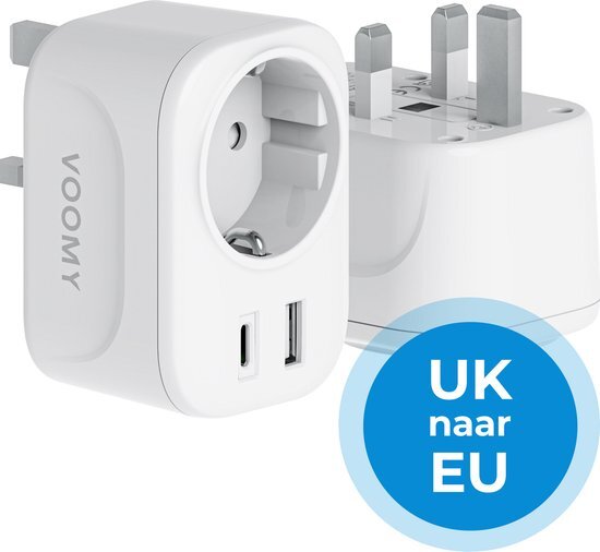 Voomy Reisstekker Engeland/UK - Wereldstekker Type G - USB-C & USB-A - Wit