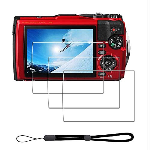 iDaPro Screen Protector voor Olympus TG-6 TG-5 TG-4 Waterdichte Camera Rood Zwart + Hand Lanyard [3+1 Pack], Gehard Glas Eenvoudige Installatie