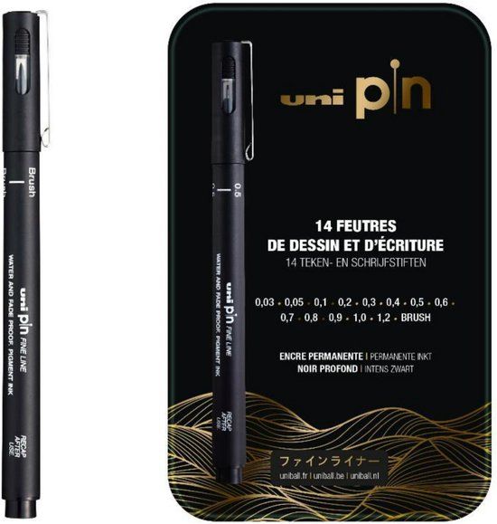 uni-ball Uni Uni Pin fineliner set blik zwart 14 stuks
