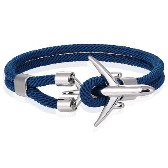 LGT JWLS Lookinggoodtoday Heren Armband Paracord Vliegtuig Anker Zilverkleurig Lichtblauw-21cm