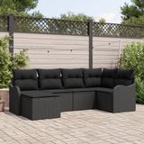vidaXL Tuinbank Set 6-delig Zwart Polyrattan Inclusief Kussen