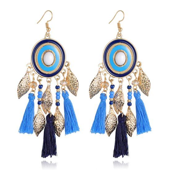 Deja Jewels Lookinggoodtoday Statement Oorbellen met Ronde Hanger, Bedeltjes en Kwastjes - Blauw