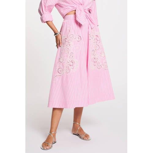 Morgan gestreepte midi rok broderie roze