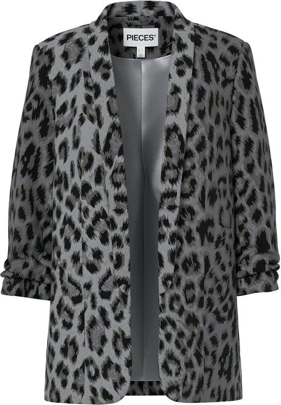 Pieces Blazer PCBOSELLA 3/4 PRINT Grey Panterprint Polyester/Elastaan Regular Fit Driekwart Mouw