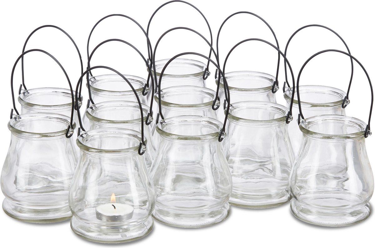 Relaxdays Windlicht Glas - Waxinelichthouder - 12 Stuks - Zwart/Transparant
