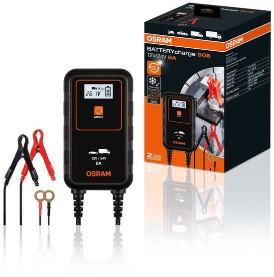 TCP Osram BATTERYcharge 908, slimme oplader 8A, onderhoudsapparaat voor autobatterijen 12 V en 24 V