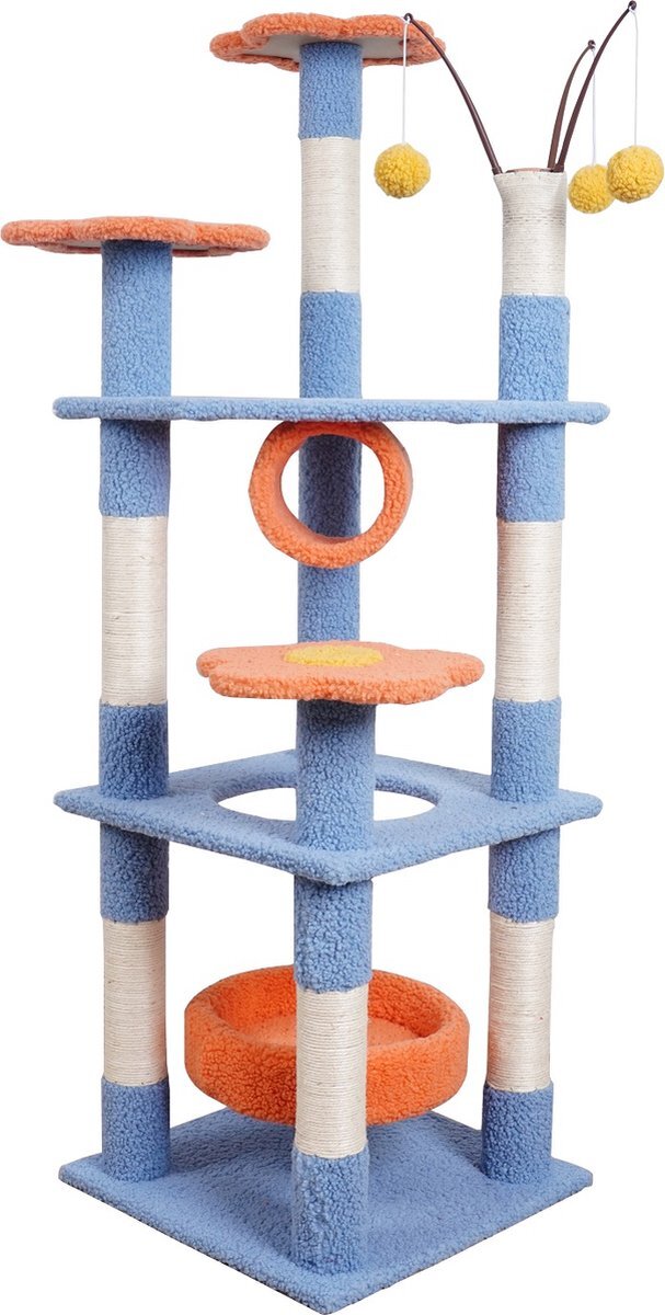 Beyoliving Krabpaal -Kattenhuis-Kattenhuis met sisal beklede -krabpalen -Pluche woontoren -accommodatie Hangmat Krabpaal -activiteitencentrum- Zitstokken -Platform -Bungelende -ballen voor kittens - 155cm hoog -XXL-Oranje en Blauw