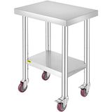Mophorn 24x18x34 inch roestvrijstalen werktafel 3-traps verstelbare plank met 4 wielen Zware commerciële werktafel voor het bereiden van voedsel met rem voor voorbereidend werk in de keuken