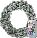 Decoris Kerstkrans - groen met sneeuw - D40 cm - incl. verlichting gekleurd