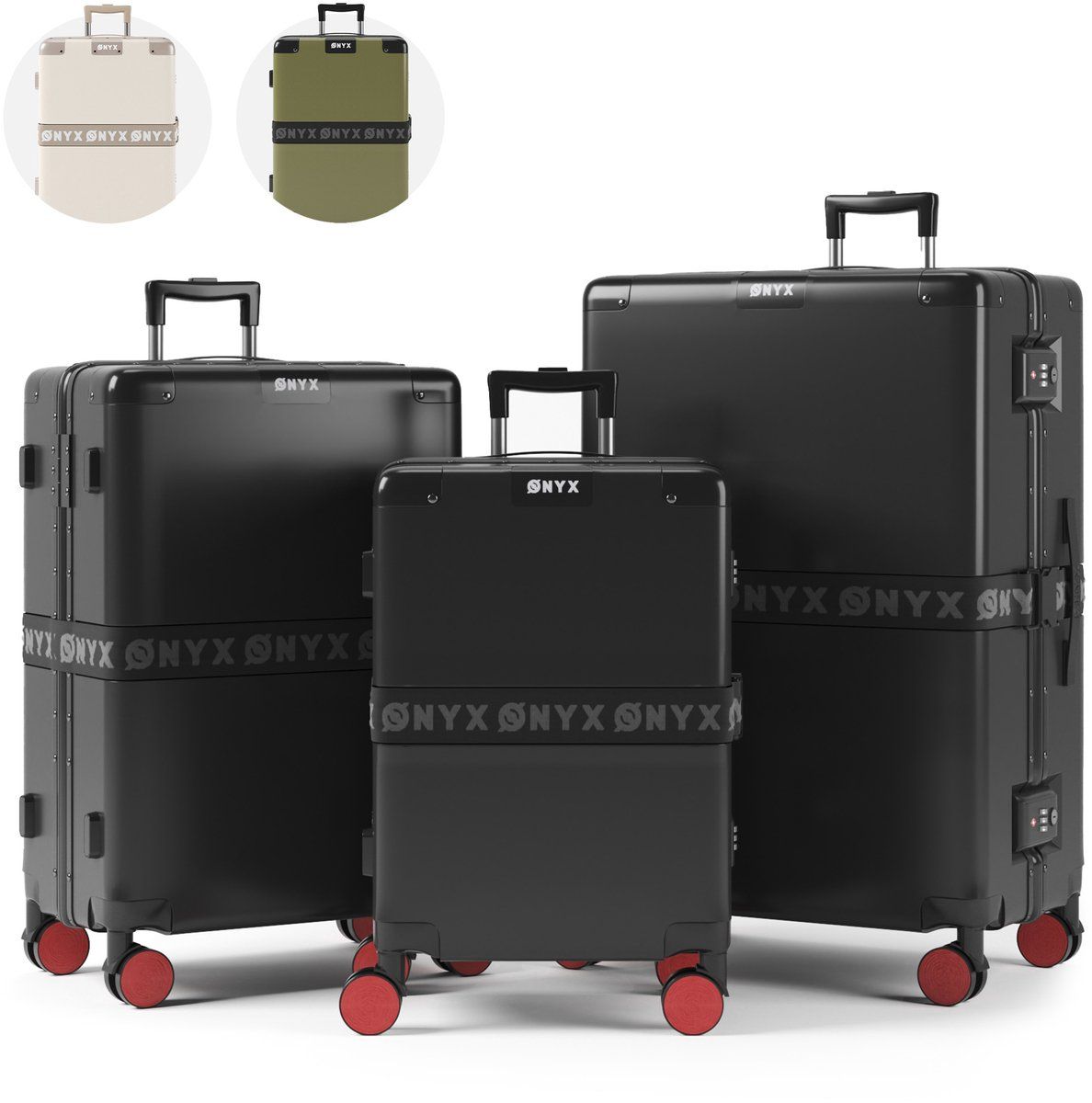 ONYX 3-delige Kofferset - Handbagage en Check-in koffer - 33L/65L/100 L - TSA slot - Spinner wielen - Lichtgewicht Trolley - Aluminium sluiting - Zwart