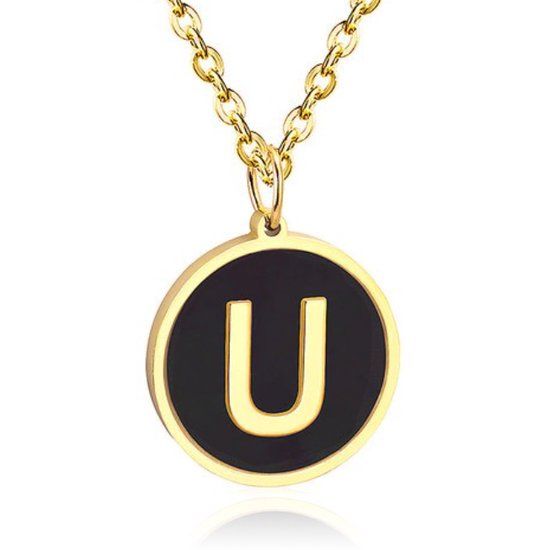 Cilla Jewels Lookinggoodtoday Goudkleurige Dames Schakelketting met Zwarte Kettinghanger Letter U