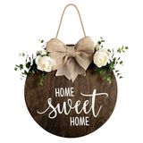 MayAvenue Home Sweet Home kransen decor bord voordeur, rond houten hangbord met lint boog en kunstmatige groene bladeren, boerderij veranda decoraties voor thuis Thanksgiving, bruin