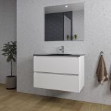 Saniclass Chaci Badkamermeubelset - 80x46x55cm - keramische wastafel zwart - 1 wasbak - 1 kraangat - 2 lades - rechthoekige spiegel - mat wit