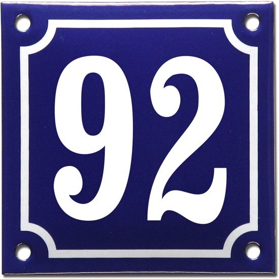 EmailleDesignÂ® Emaille huisnummer blauw/wit nr. 92