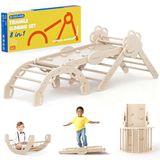 COSYLAND Klimrek Indoor L – Speelset 8-in-1 met Klimboog, Klimdriehoek en Glijbaan – Massief Houten Speeltoestel – Vanaf 18 Maanden – Natural/Licht Hout