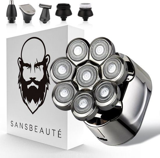 Sansbeauté Skull Sharp PRO 6-in-1 Men's Shaver - Trimmer, Tondeuse, 8 Blade, Wet & Dry, Face & Head Shaver, USB, Attachments