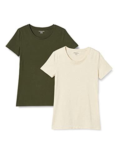 Amazon Essentials Women's Short-Sleeve Crewneck T-Shirt - 2-Pack - Oatmeal/Olive Green - XS
