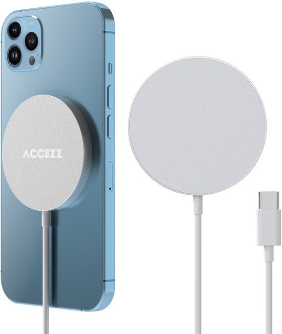 Accezz Draadloze Oplader - Geschikt voor MagSafe / Qi2 - Snellader 15W - USB C Oplader Kabel - Wireless Fast Charger - Wit