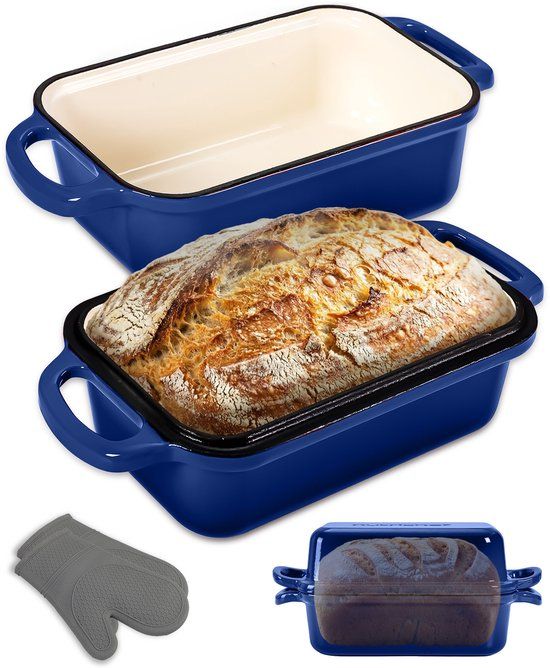 NutriChef Dutch Oven - 2.6L Gietijzeren Broodbakvorm - Geëmailleerd - Inclusief Deksel - Vaatwasserbestendig - Siliconen Handschoenen - Blauw