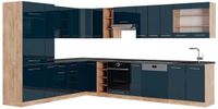 Vicco Hoekkeuken Fame-Line, Donkerblauw hoogglans/Goudkleurig Eiken, 347 x 257 cm, WB Antraciet