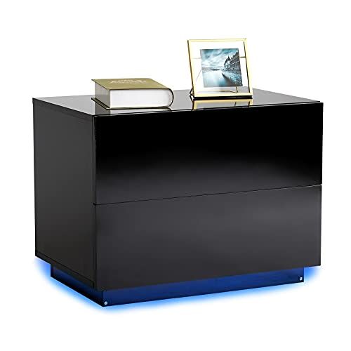 Meerveil Nachtkastje met ledverlichting, hoogglans, met 2 laden, 60 x 39 x 45 cm, met USB-lamp voor slaapkamer en woonkamer, zwart