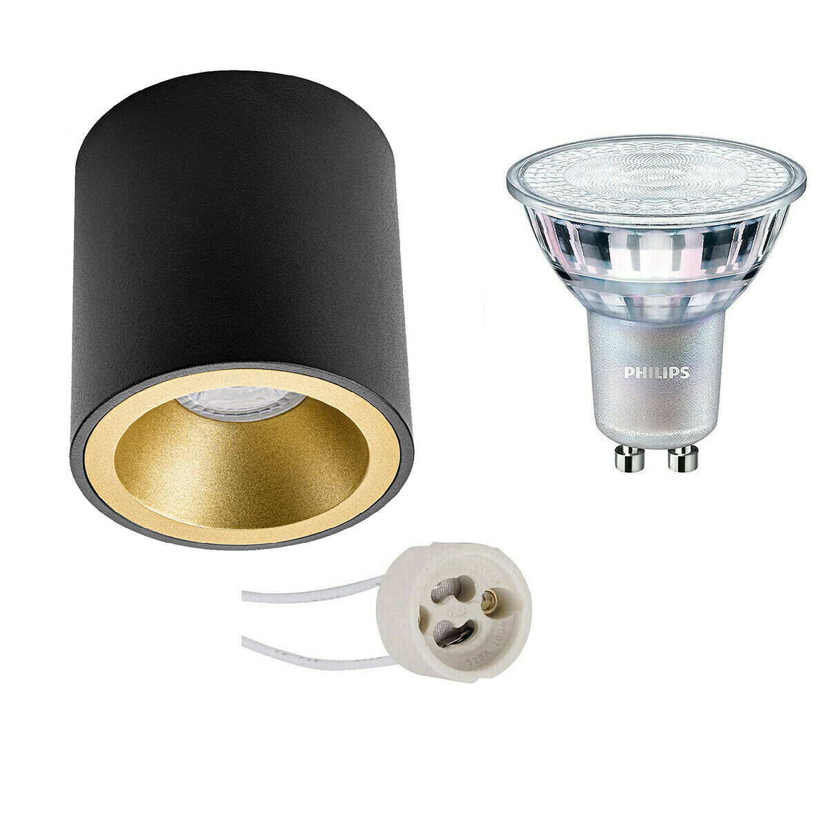 BES LED Opbouwspot Set - Pragmi Cliron Pro - GU10 Fitting - Opbouw Rond - Mat Zwart/Goud - Verdiept - Ø90mm - Philips - MASTER 927 36D VLE - 3.7W - Warm Wit 2200K-2700K - DimTone Dimbaar