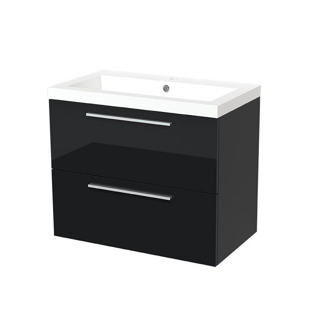 Maxaro Badkamermeubel 80cm Modulo Hoogglans Zwart 2 lades Vlak Wastafel Mineraalmarmer