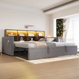 STILVORA Gestoffeerd Bed 90x190 cm – Slaapbank Met Uitschuifbaar Bed – Hoofdbord Met Opbergvakken Ledverlichting & Oplaadpunten – Zonder matras – Fluweel – Donkergrijs