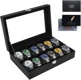 SAMISO Horlogebox met 12 vakken, horlogedoos, horlogestandaard, met glazen deksel, afneembare pads, cadeau voor heren, opbergdoos voor horloges voor mannen en vrouwen, zwart