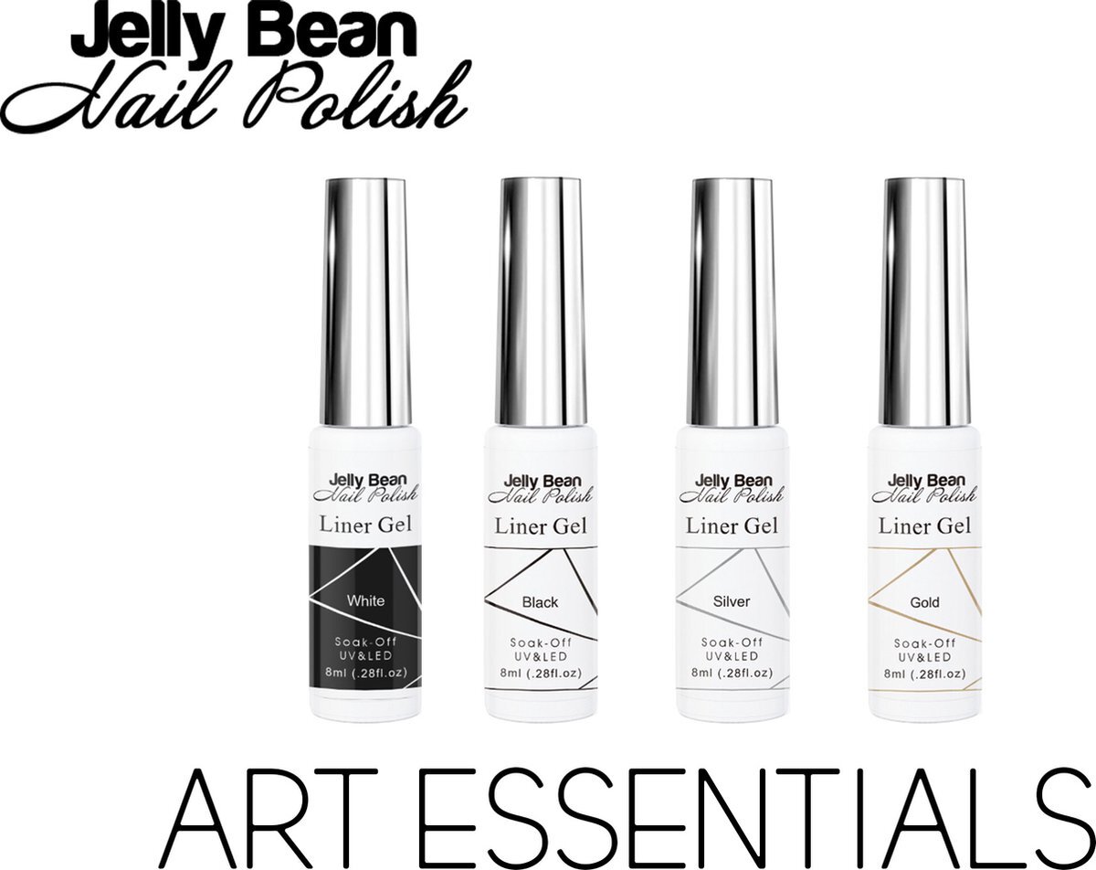 Jelly Bean Nail Polish gel liner Essential Pack - Gel liner set - Nail art line gel Wit - Zwart - Zilver - Goud- UV gellak liner