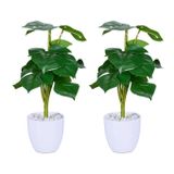Relaxdays Monstera Kunstplanten in pot, 33 x 20 cm, groen/wit, 2 stuks