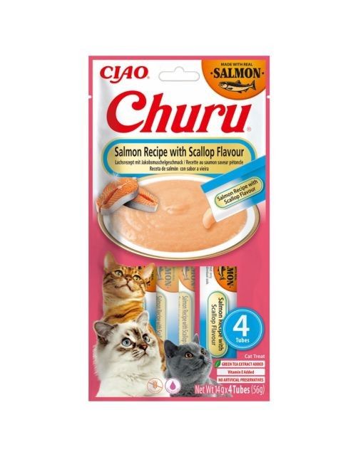CIAO Churu Romige kattensnack met zalm en sint-jakobsschelpen – 1 verpakking (4 sticks x 14 g) – kattenvoer om te likken, gezond en lekker – kattensnack zonder conserveringsmiddelen of kunstmatige