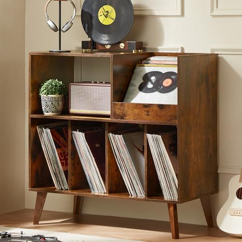 Grote platenstandaard met opslag, platenspeler-standaard met plank, vinylplaathouder met presentatievlak, platenstandaard voor maximaal 300 albums, platenrek voor muziekkamer en woonkamer