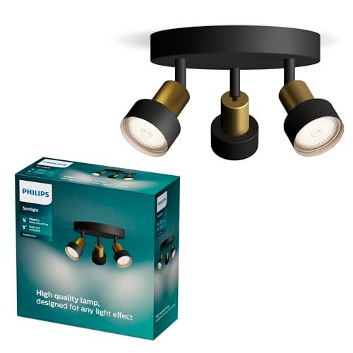 Philips Conduit Spot - Plafondspot met drie lichtpunten - Zwart met goud design - GU10 LED fitting - Ronde basisplaat