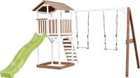 AXI Beach Tower Speeltoestel in Bruin/Wit - Speeltoren met Dubbele Schommel, Limoen Groene Glijbaan en Zandbak - FSC hout - Speelhuis op palen voor de tuin