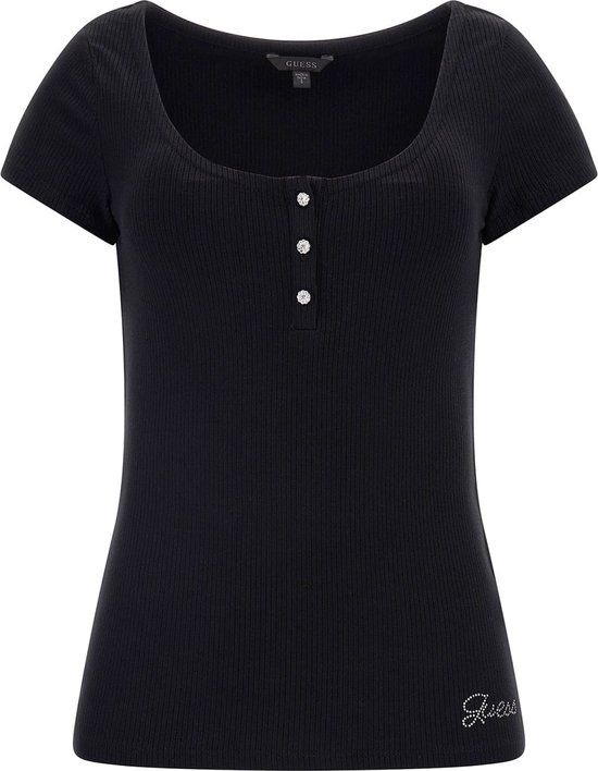 Guess SS Karlee Jewel BTN Henley Dames T-Shirt - Zwart - Maat XS