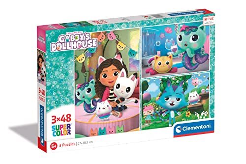 Clementoni 25289 Supercolor Gaby'S Dollhouse-3 puzzel met 48 delen vanaf 5 jaar, kleurrijke kinderpuzzel met bijzondere helderheid en kleurintensiteit, behendigheidsspel voor kinderen