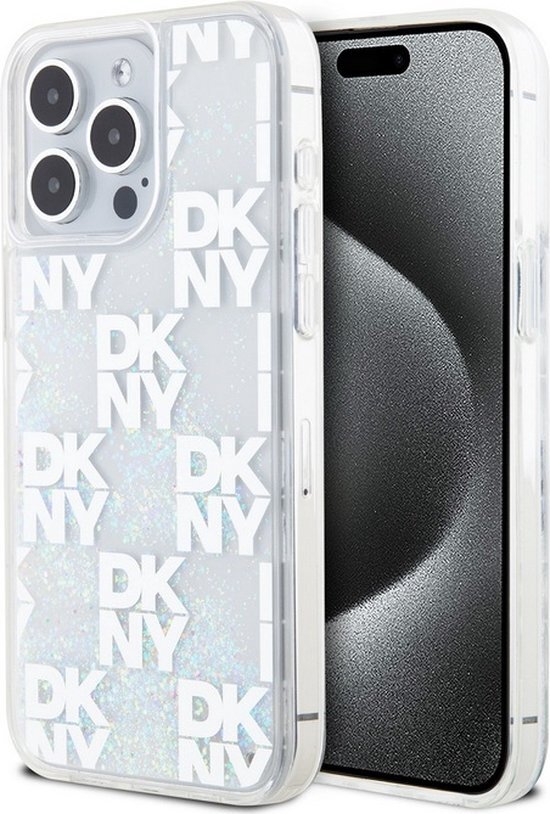 DKNY Liquid Glitter Checkered Pattern Back Case - Geschikt voor Apple iPhone 15 Pro Max (6.7") - Wit