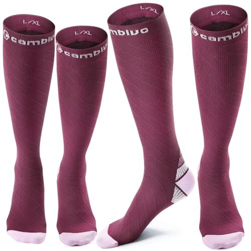 CAMBIVO 2 paar compressiekousen voor dames en heren, 20-30 mmHg compressiekousen, circulatiesokken voor sport, hardlopen, voetbal, vliegreizen, Donker roze, S-M